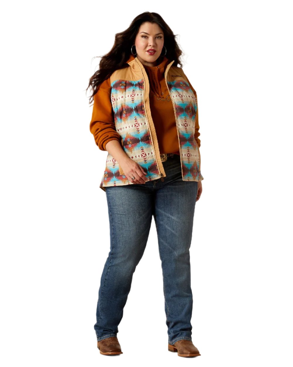 Serrano Southwest Print Coloured Ariat Womens Crius Insulated Gilet on white background 