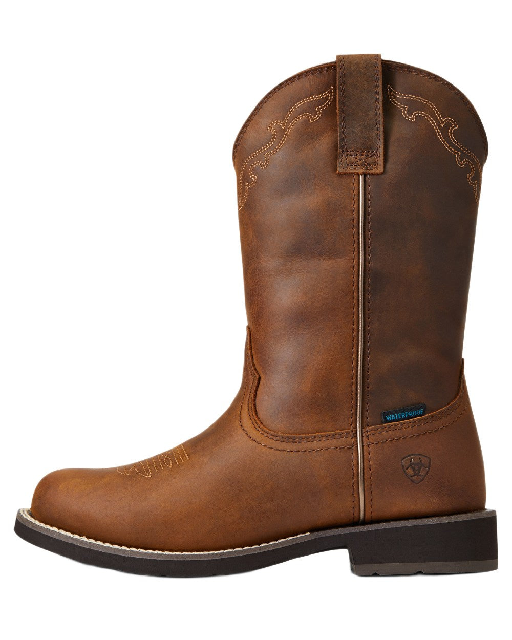 Distressed Brown coloured Ariat Womens Delilah Round Toe Waterproof Western Boots on white background 