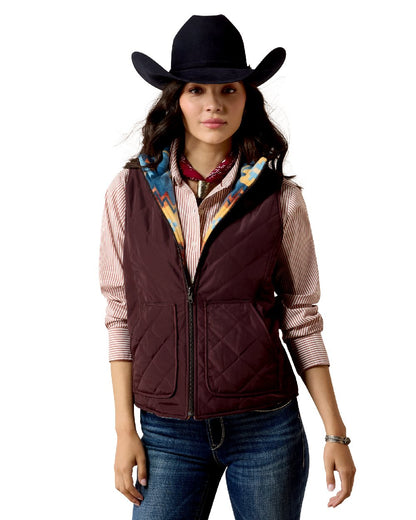 Chocolate Plum Lakeside Southwest coloured Ariat Womens Dilon 2.0 Reversible Insulated Vest on white background 