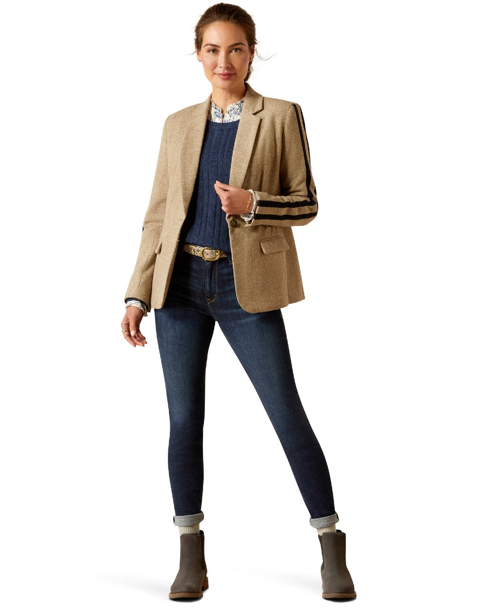 Camel Herringbone coloured Ariat Womens Dornie Blazer on white background 