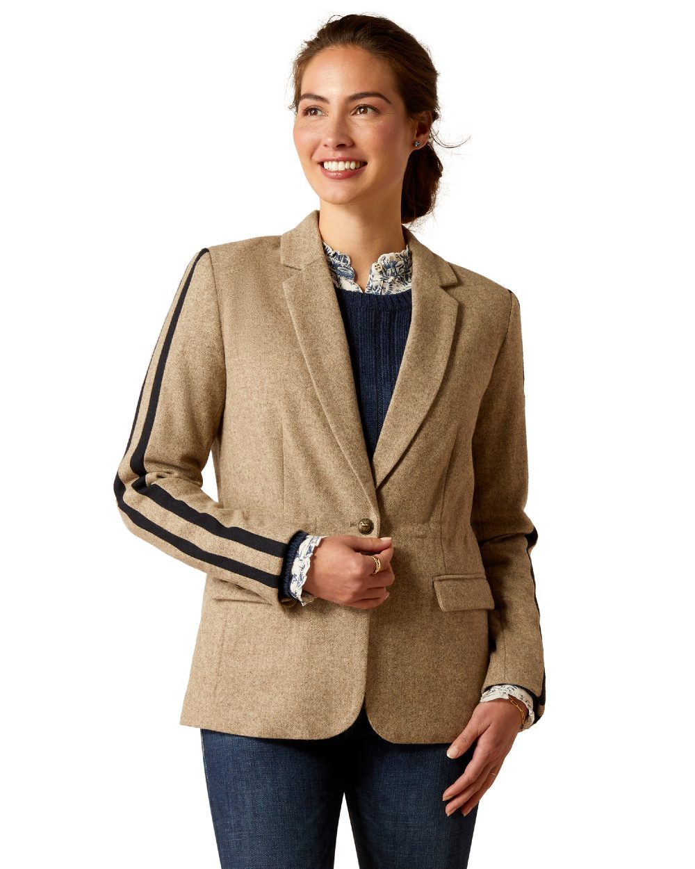 Camel Herringbone coloured Ariat Womens Dornie Blazer on white background 