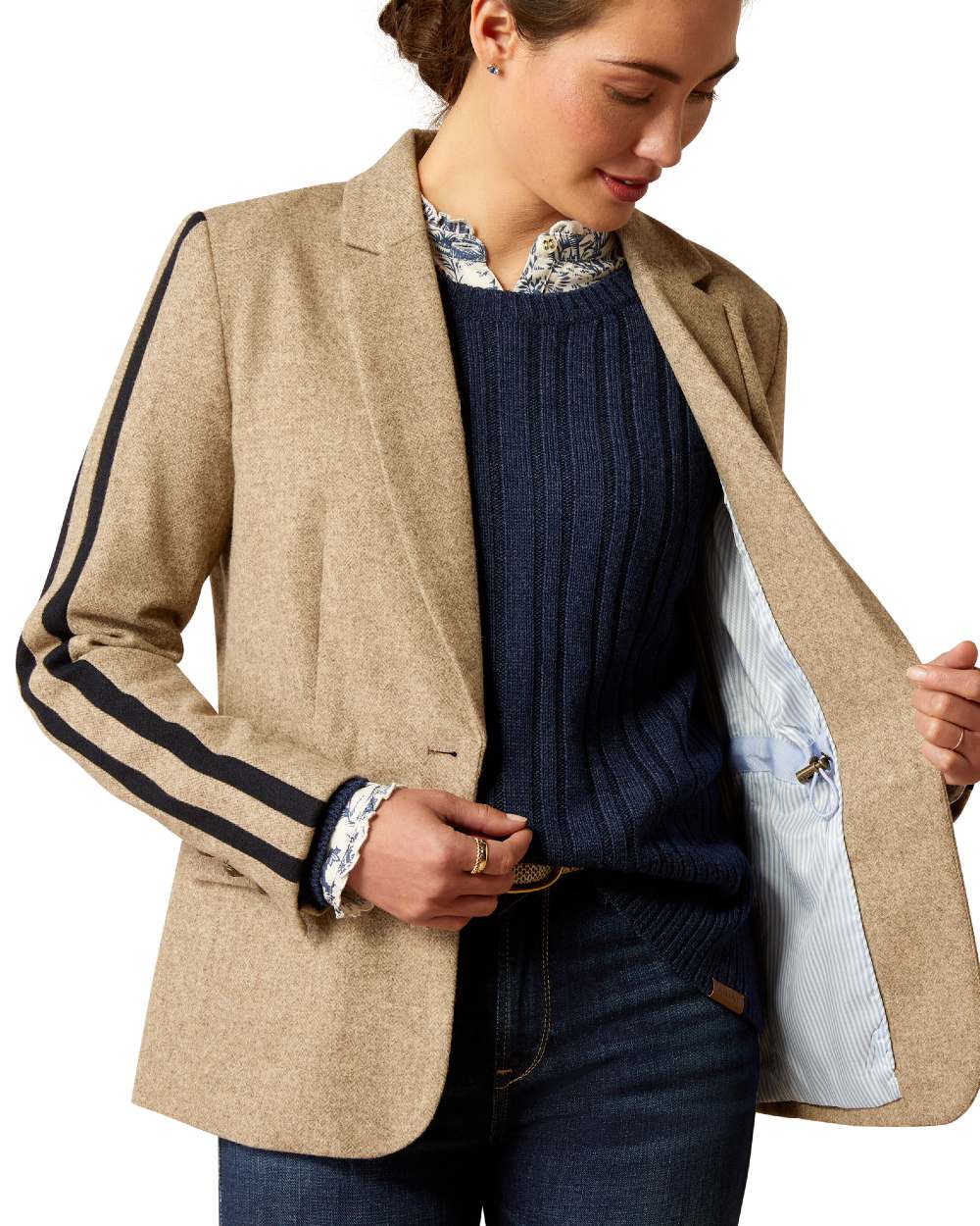 Camel Herringbone coloured Ariat Womens Dornie Blazer on white background 