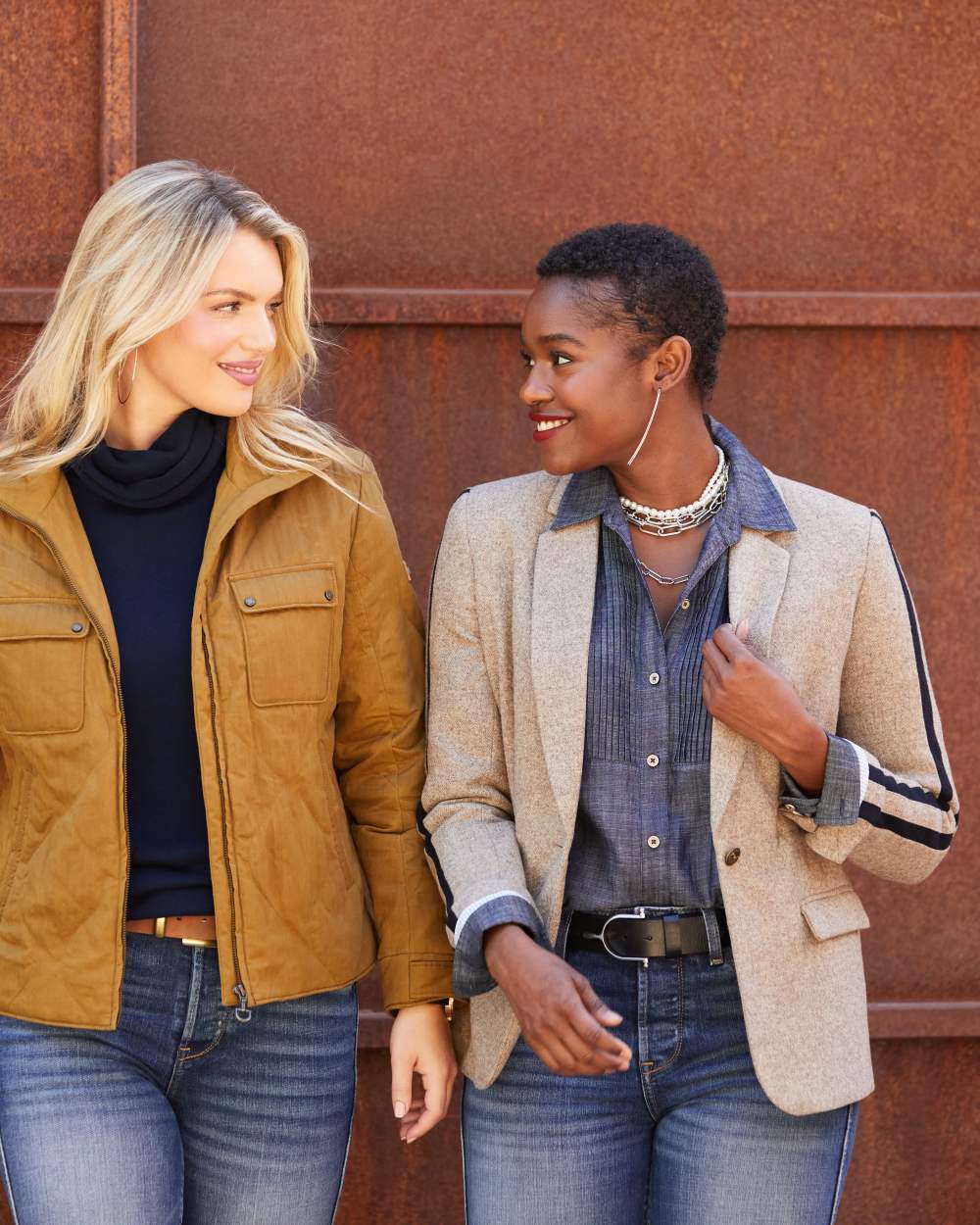 Camel Herringbone coloured Ariat Womens Dornie Blazer on rusty background 