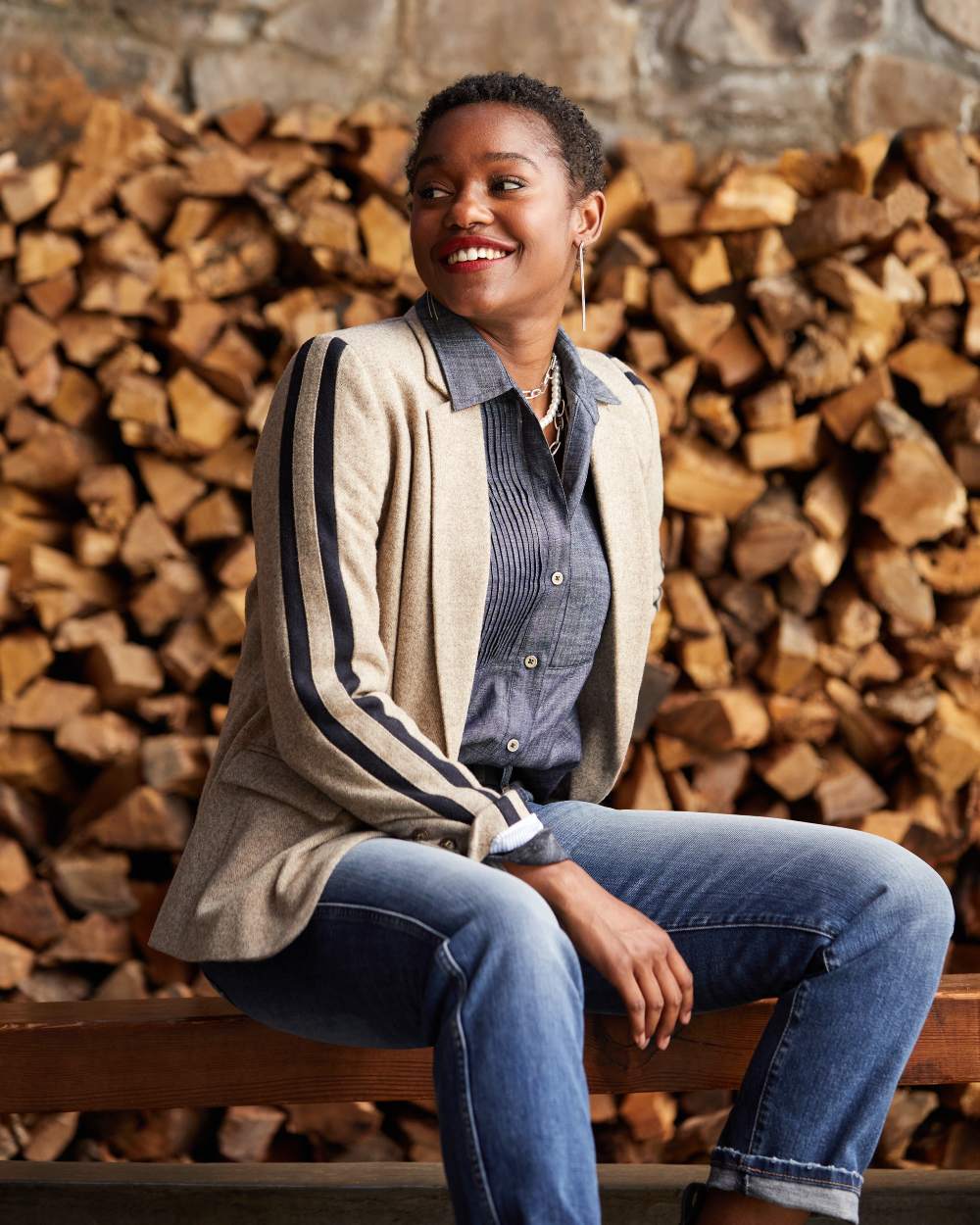 Camel Herringbone coloured Ariat Womens Dornie Blazer on blurry background 