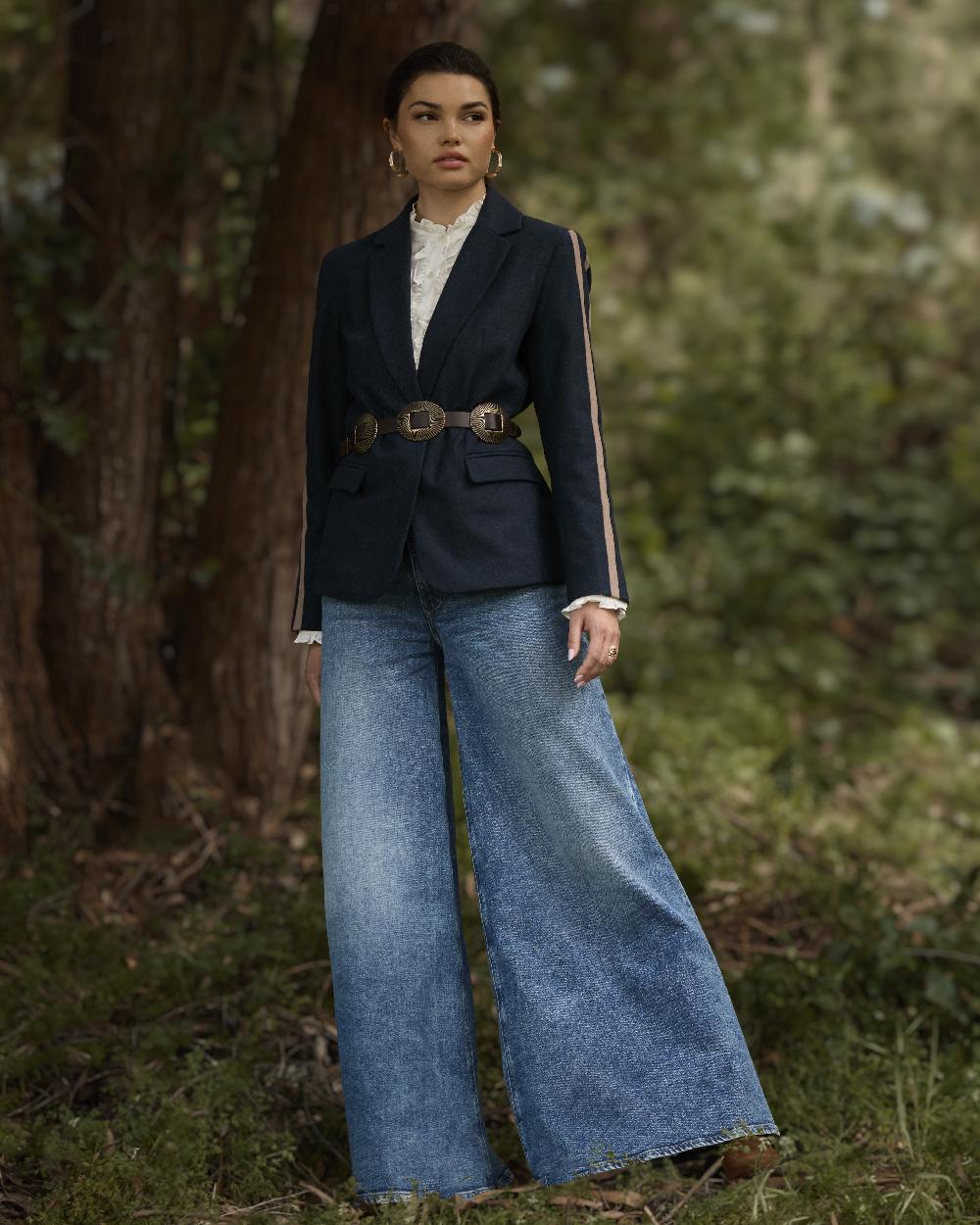 Navy coloured Ariat Womens Dornie Blazer on forest background 