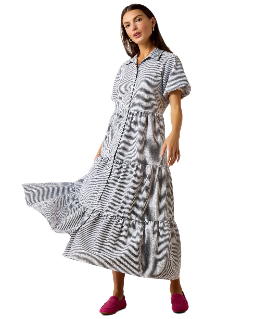 Navy White Stripe coloured Ariat Womens Dovestone Dress on white background 