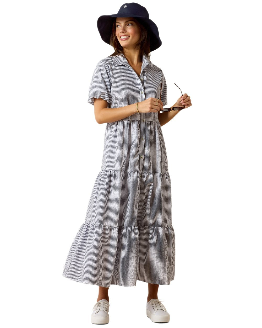 Navy White Stripe coloured Ariat Womens Dovestone Dress on white background 