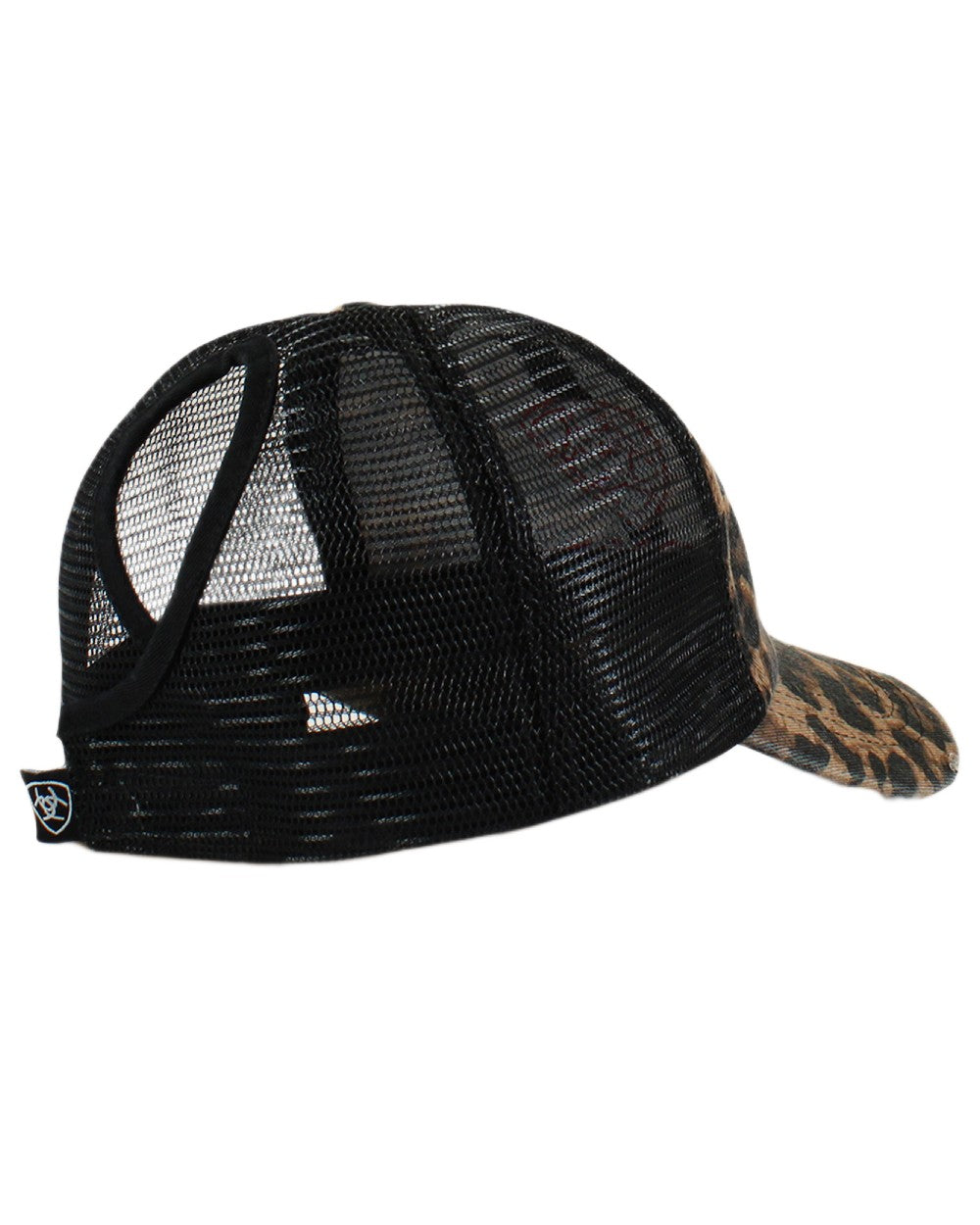 Black coloured Ariat Womens Embossed Logo Cheetah Print Cap on white background 