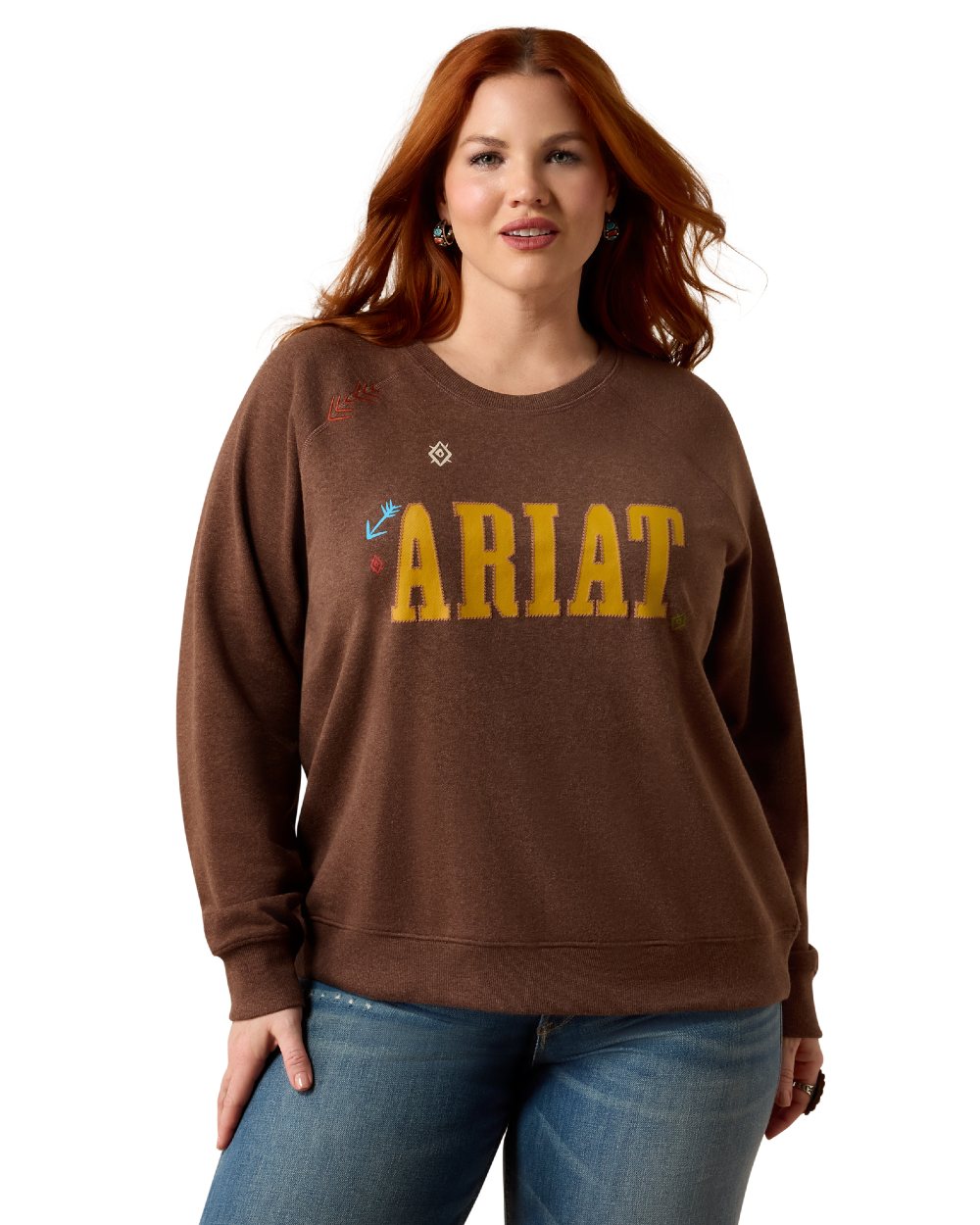 Chicory Coffee Heather Coloured Ariat Womens Essential Crew Sweatshirt on white background 
