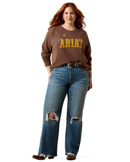 Chicory Coffee Heather Coloured Ariat Womens Essential Crew Sweatshirt on white background 