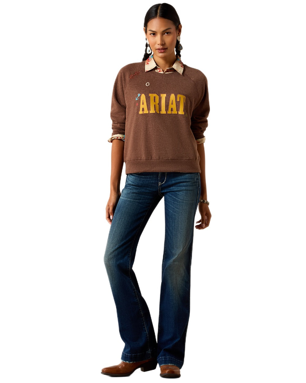 Chicory Coffee Heather Coloured Ariat Womens Essential Crew Sweatshirt on white background 
