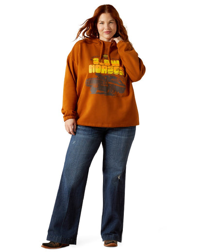 Glazed Ginger Coloured Ariat Womens Essential Sendero Slow Horses Hoodie on white background 