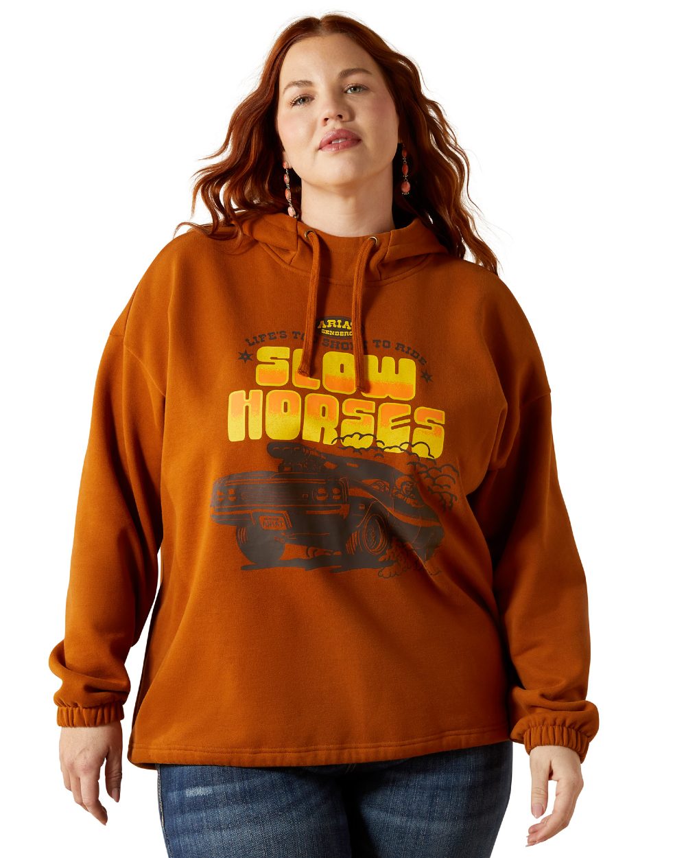 Glazed Ginger Coloured Ariat Womens Essential Sendero Slow Horses Hoodie on white background 