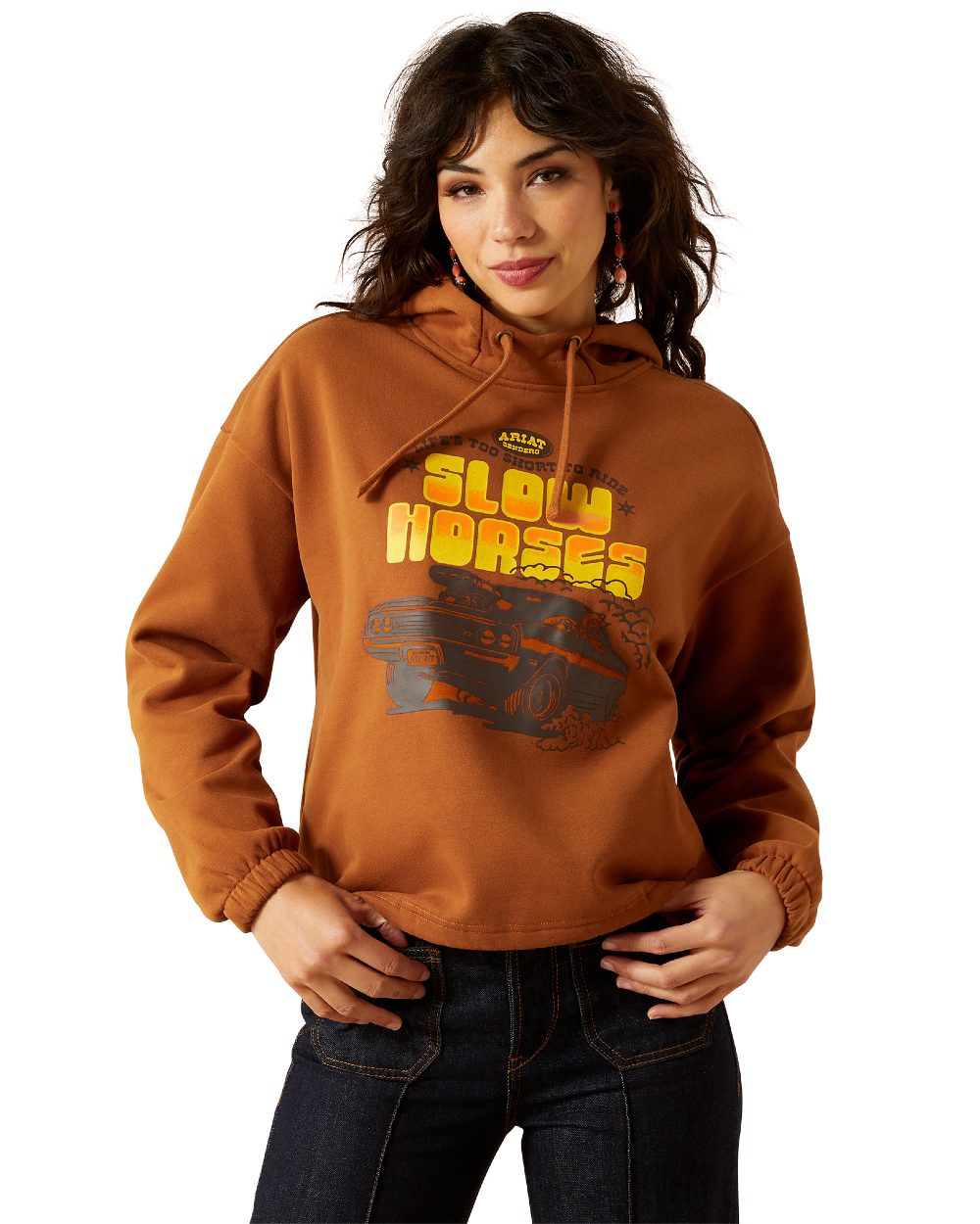Glazed Ginger Coloured Ariat Womens Essential Sendero Slow Horses Hoodie on white background 