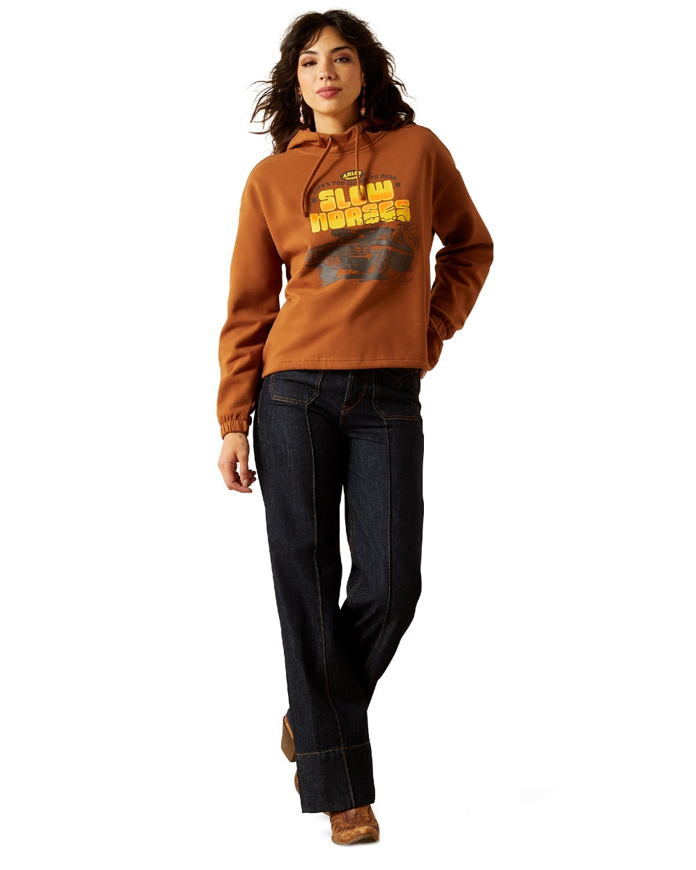 Glazed Ginger Coloured Ariat Womens Essential Sendero Slow Horses Hoodie on white background 