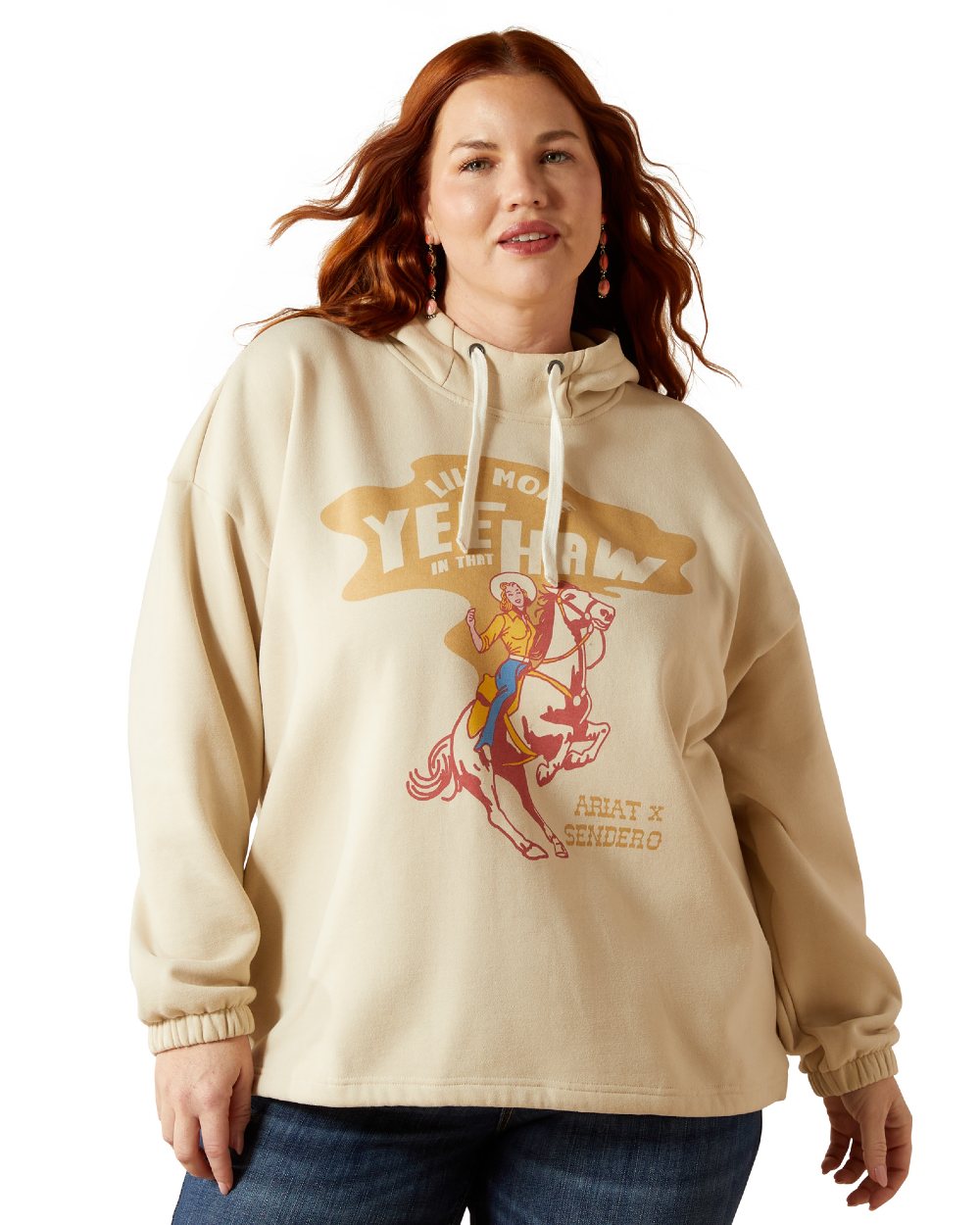 Oyster Grey Coloured Ariat Womens Essential Sendero Yeehaw Hoodie on white background 