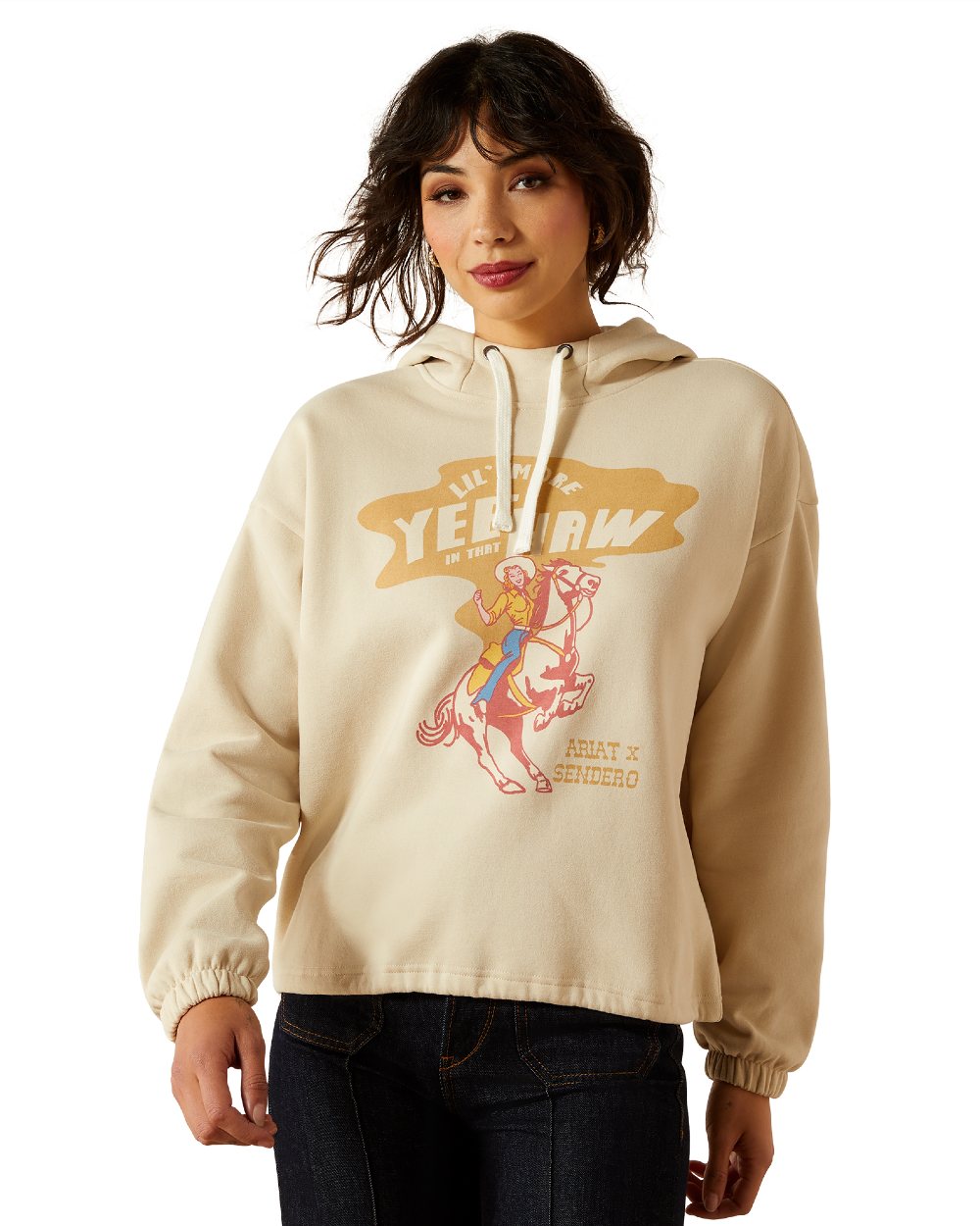 Oyster Grey Coloured Ariat Womens Essential Sendero Yeehaw Hoodie on white background 