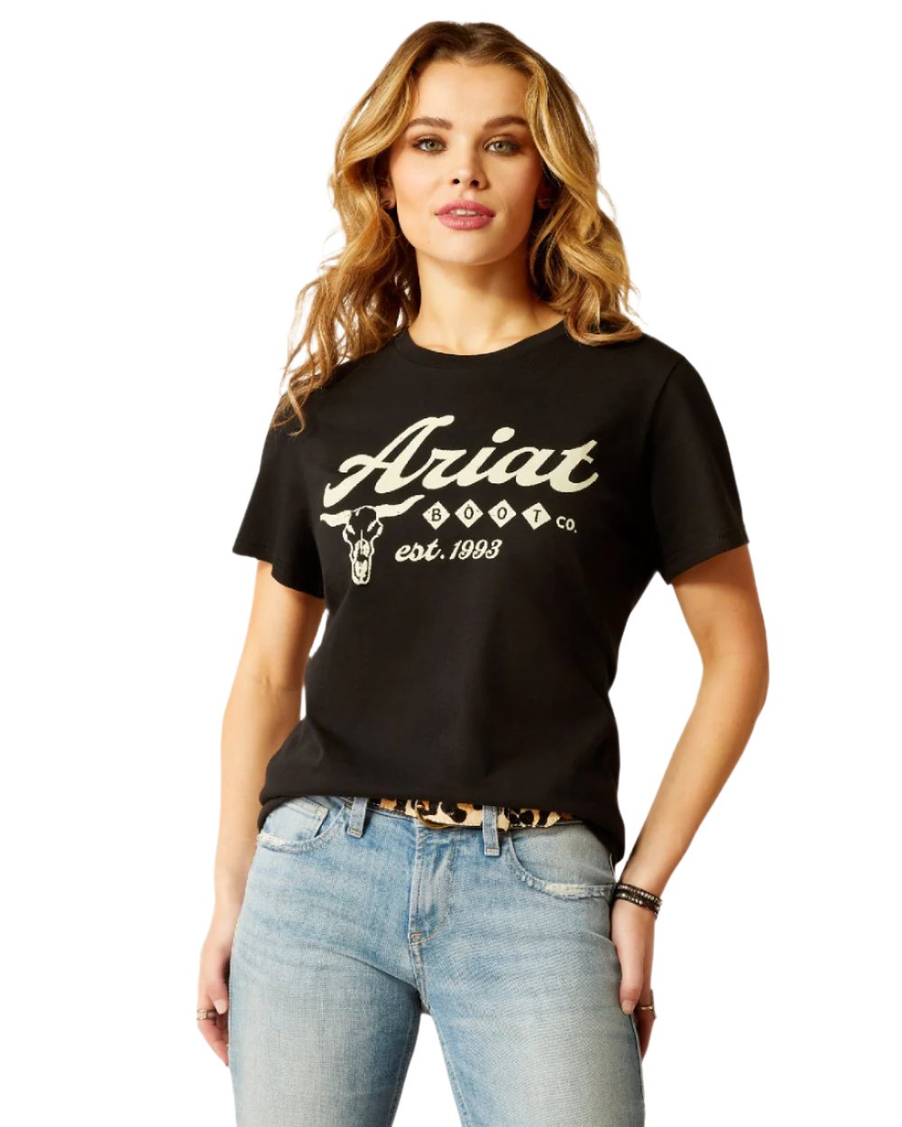 Black Colored Ariat Womens Established Boot Co T-Shirt on white background 