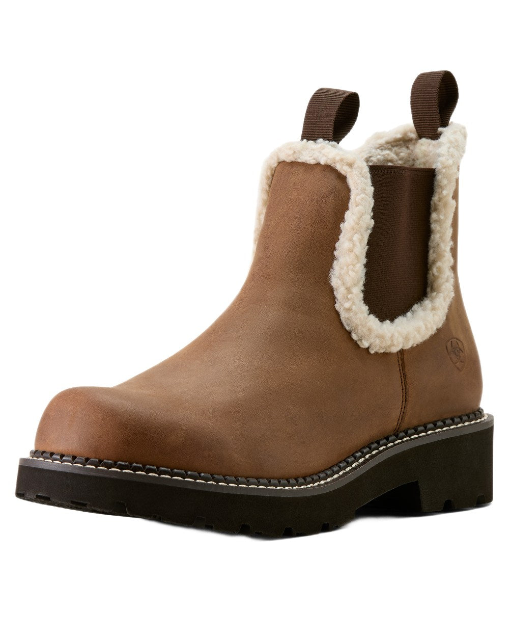 Distressed Brown coloured Ariat Womens Fatbaby Chelsea Cozy Western Boots on white background 