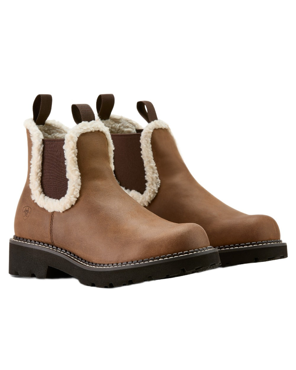 Distressed Brown coloured Ariat Womens Fatbaby Chelsea Cozy Western Boots on white background 