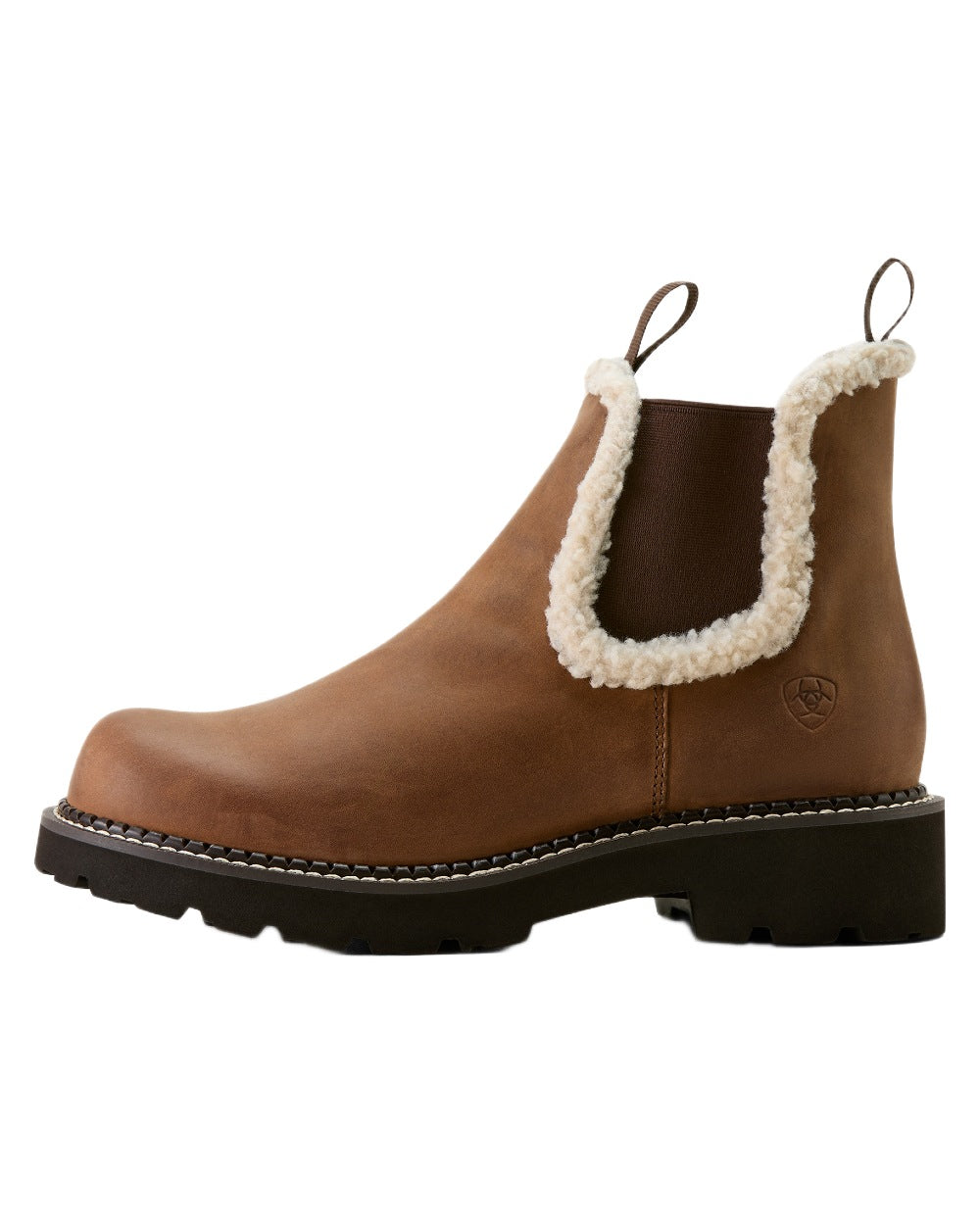 Distressed Brown coloured Ariat Womens Fatbaby Chelsea Cozy Western Boots on white background 