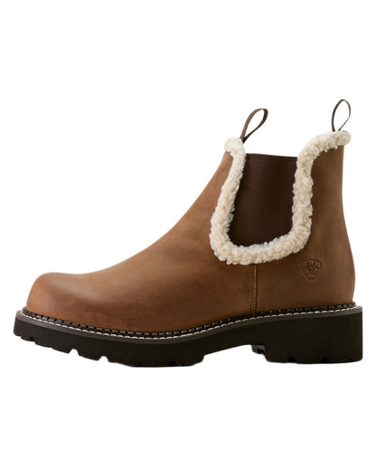 Distressed Brown coloured Ariat Womens Fatbaby Chelsea Cozy Western Boots on white background 