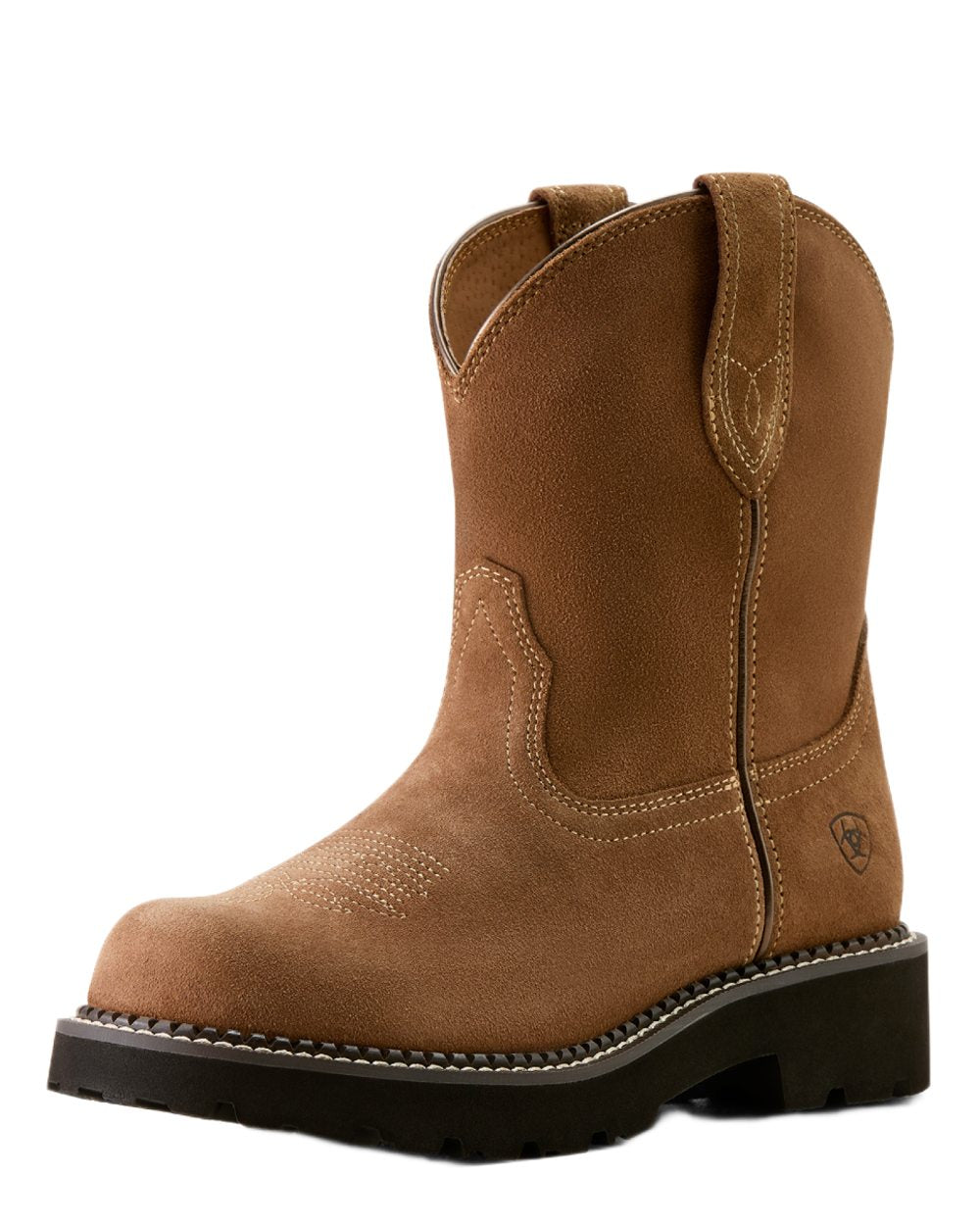 Crushed Peanut coloured Ariat Womens Fatbaby Slouch Western Boots on white background 