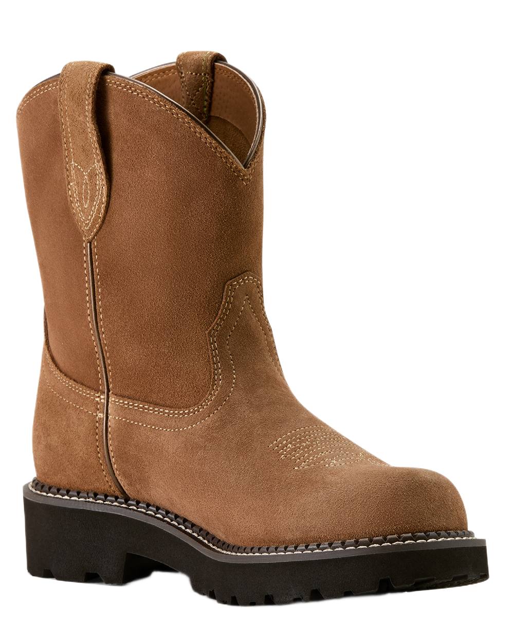 Crushed Peanut coloured Ariat Womens Fatbaby Slouch Western Boots on white background 