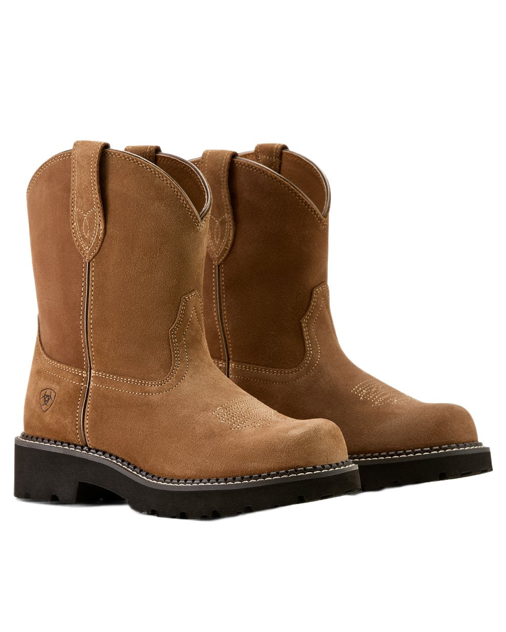 Crushed Peanut coloured Ariat Womens Fatbaby Slouch Western Boots on white background 