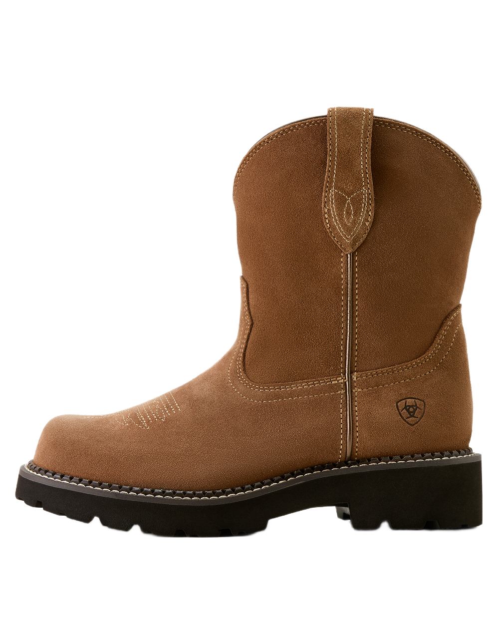 Crushed Peanut coloured Ariat Womens Fatbaby Slouch Western Boots on white background 