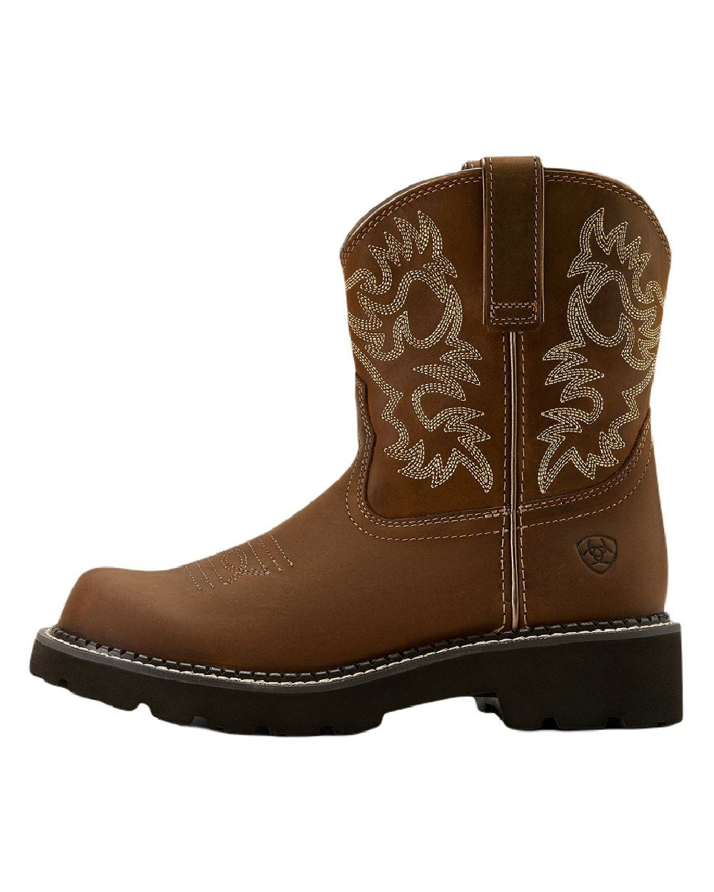 Sassy Brown coloured Ariat Womens Fatbaby Western Boots on white background 