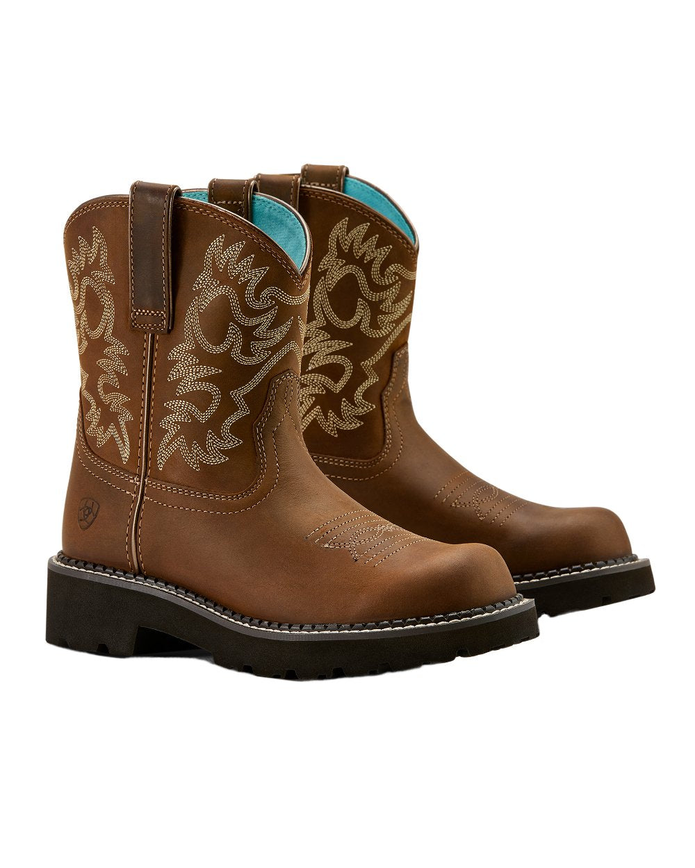 Sassy Brown coloured Ariat Womens Fatbaby Western Boots on white background 