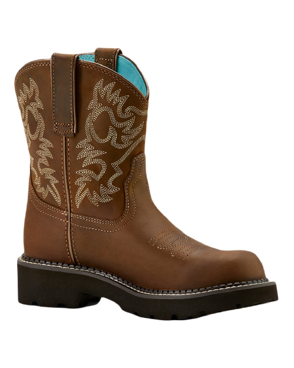 Sassy Brown coloured Ariat Womens Fatbaby Western Boots on white background 