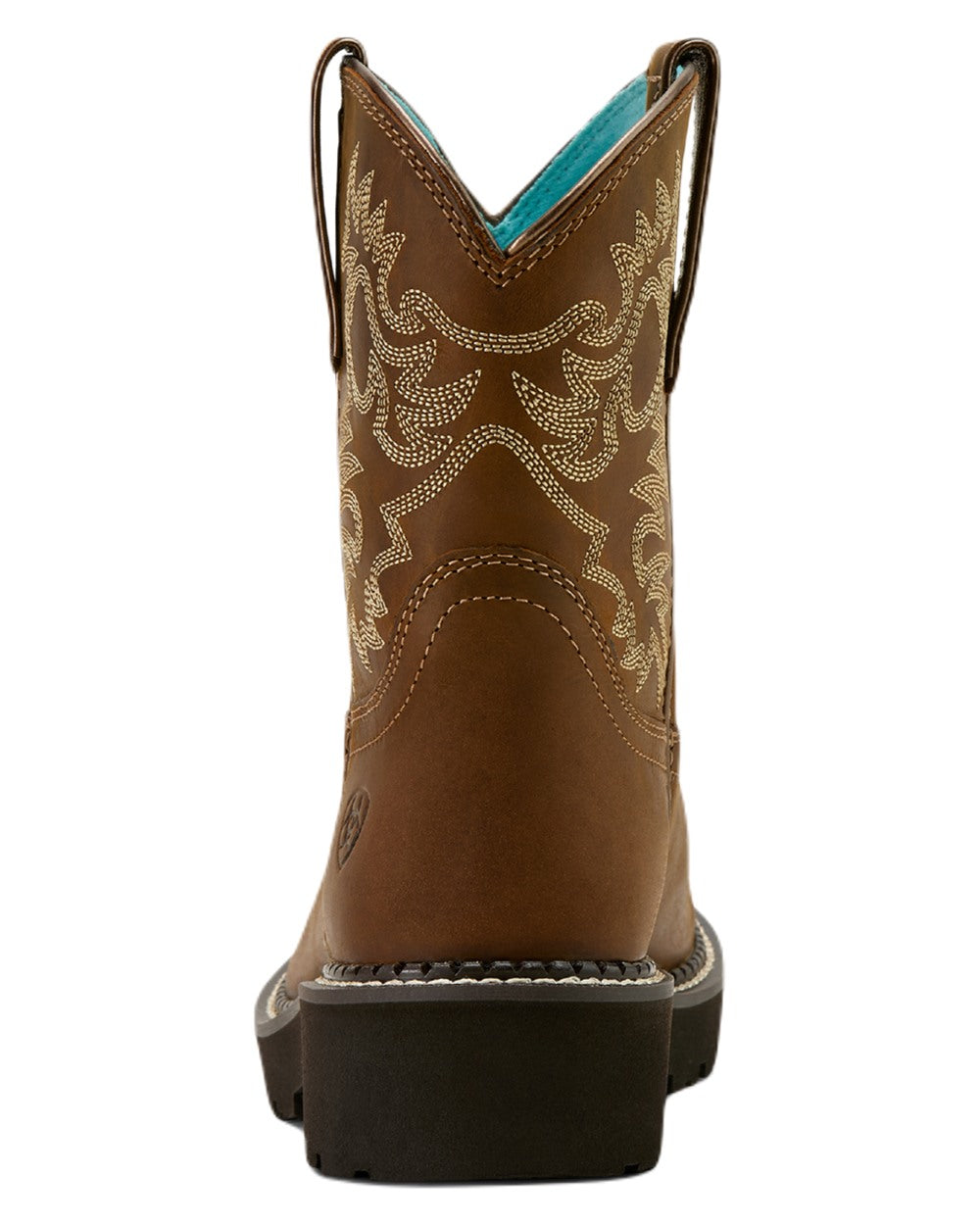 Sassy Brown coloured Ariat Womens Fatbaby Western Boots on white background 