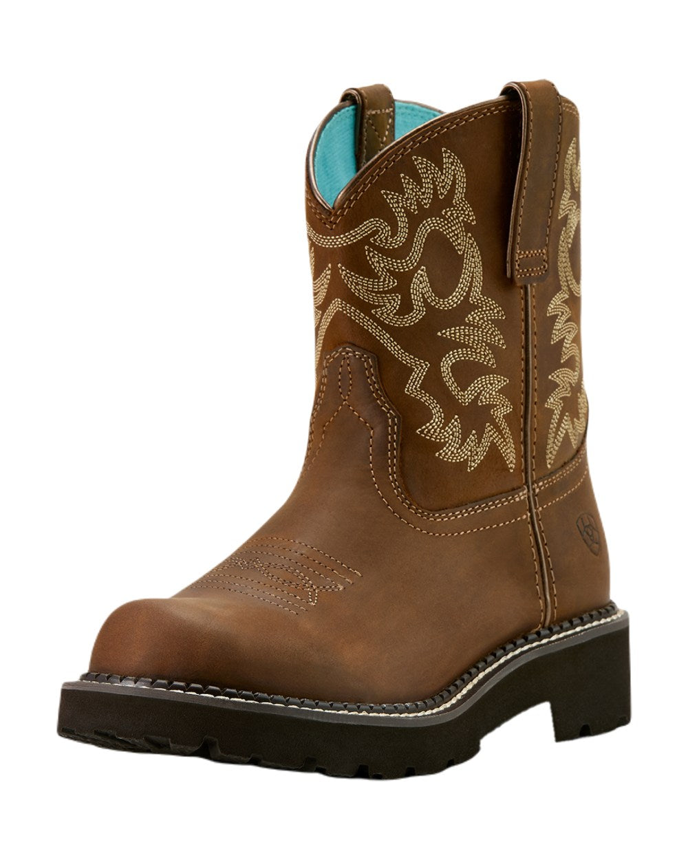 Sassy Brown coloured Ariat Womens Fatbaby Western Boots on white background 