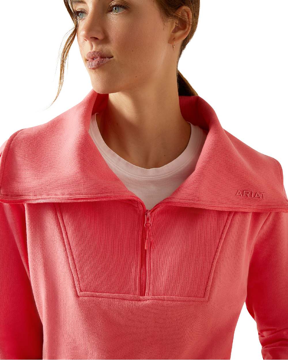 Coral Paradise coloured Ariat Womens Fern Half Zip Sweatshirt on white background 
