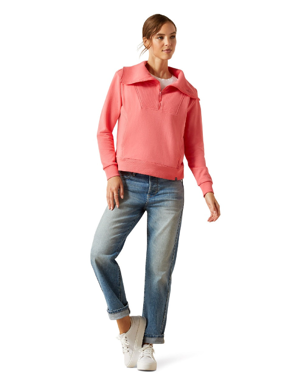 Coral Paradise coloured Ariat Womens Fern Half Zip Sweatshirt on white background 