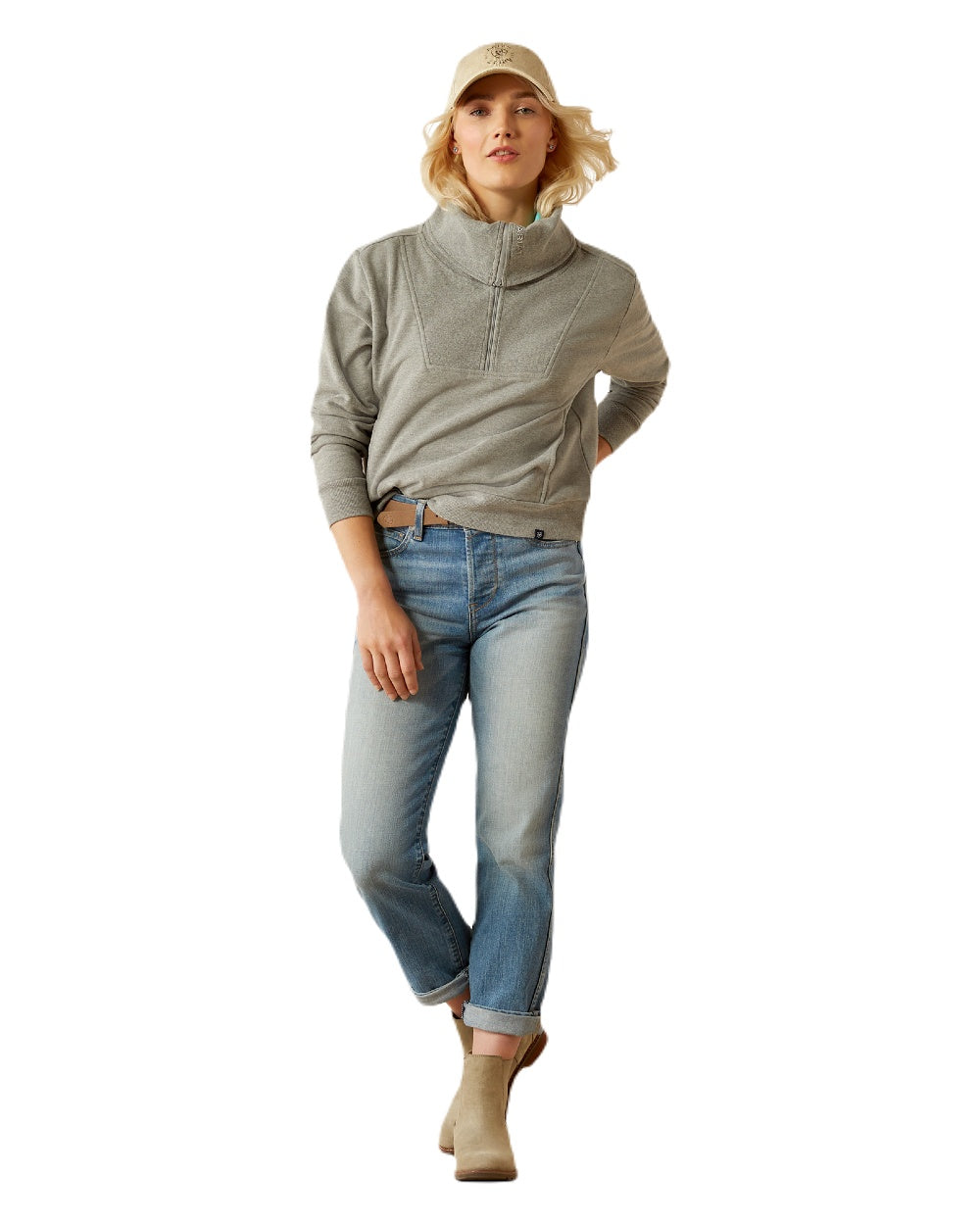Heather Grey coloured Ariat Womens Fern Half Zip Sweatshirt on white background 