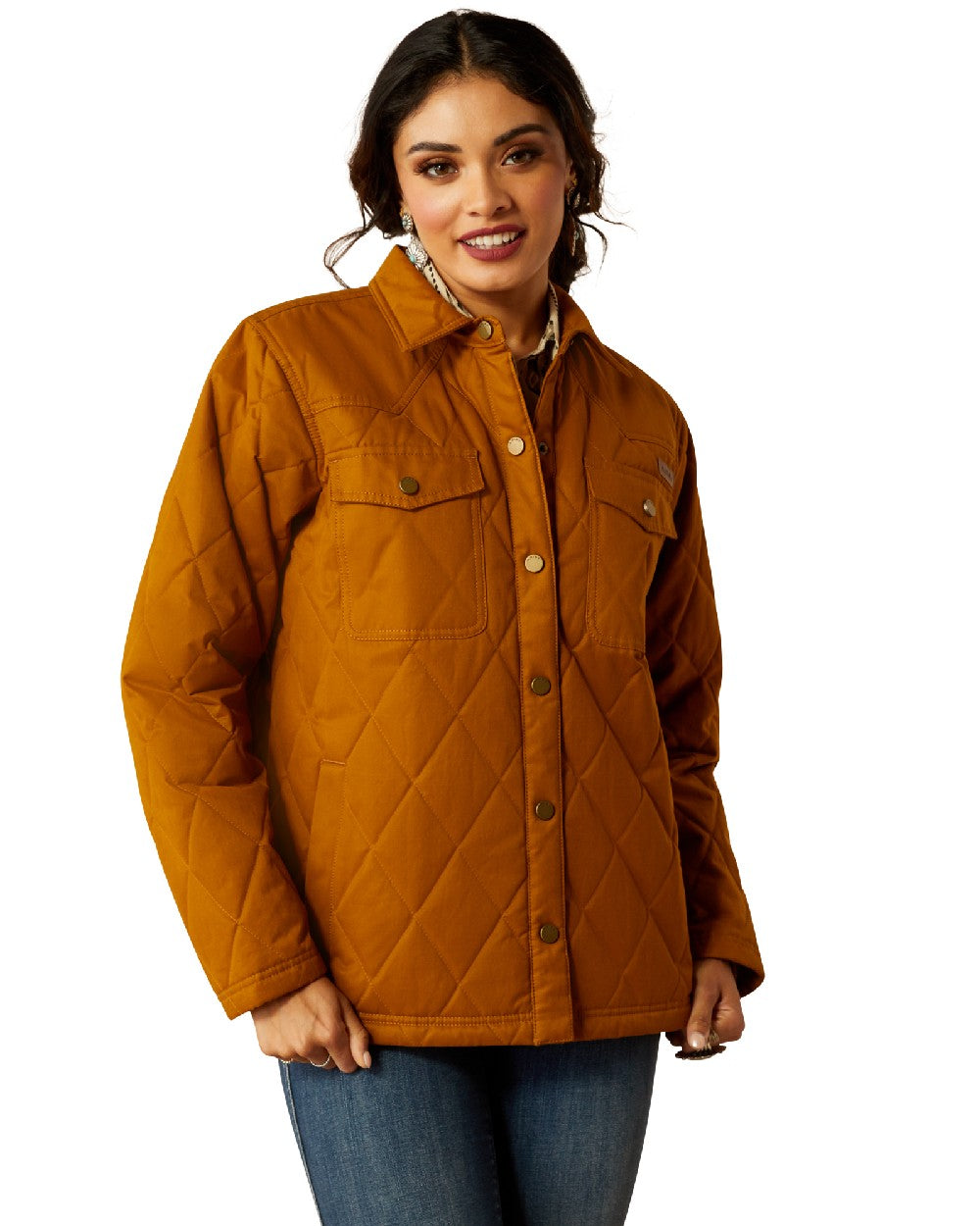 Chestnut Horse Coloured Ariat Womens Grizzly Quilted Barn Jacket on white background 