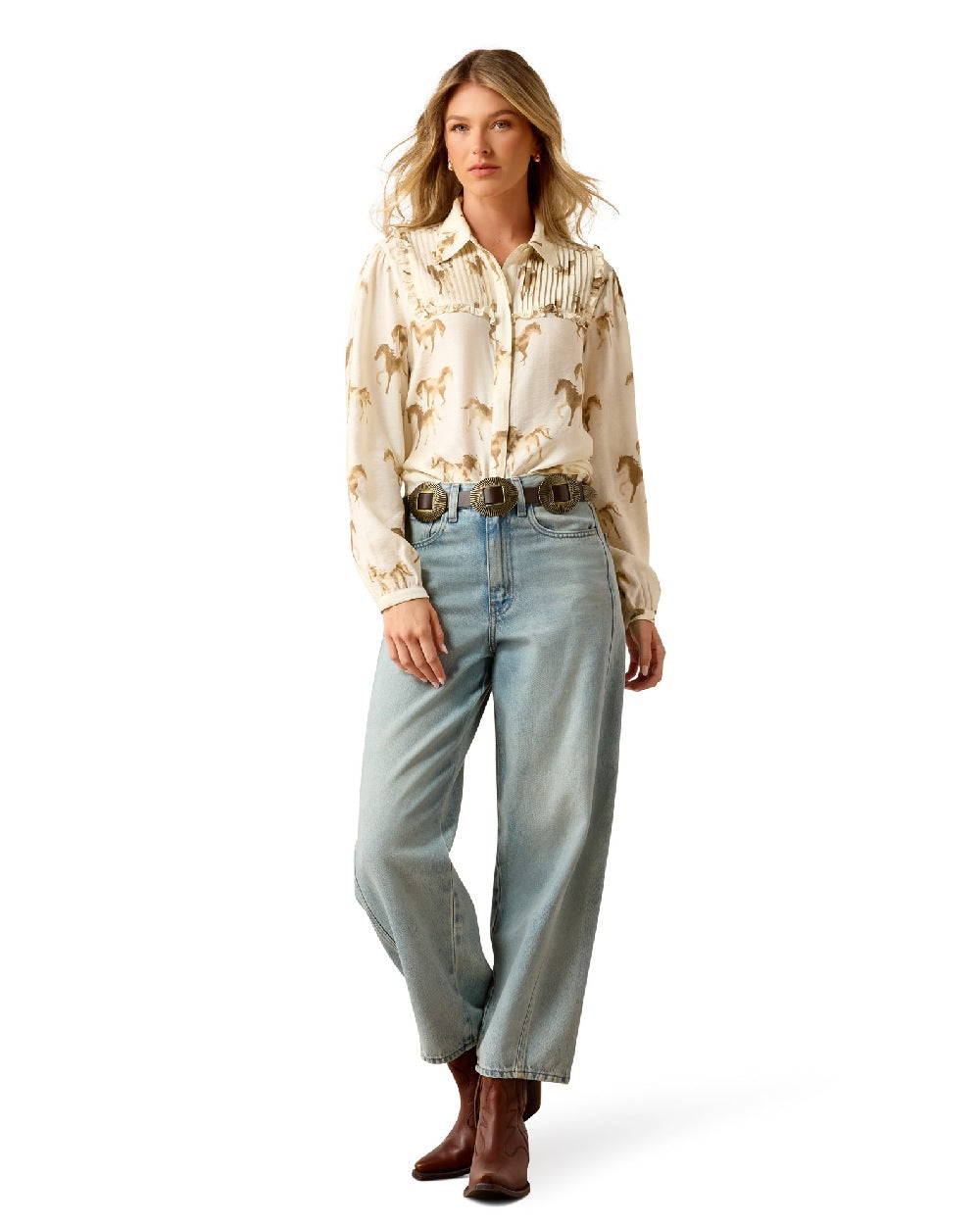 Running-Horse-Print coloured Ariat Womens Hannington Blouse on white background 