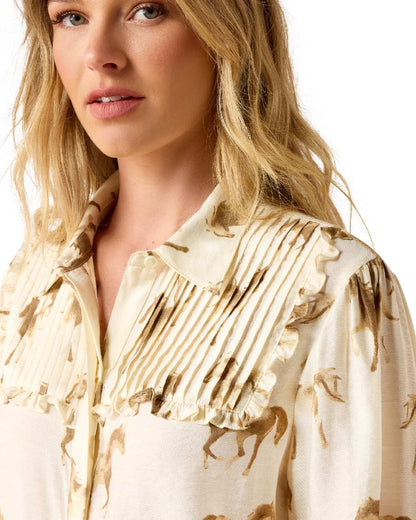 Running-Horse-Print coloured Ariat Womens Hannington Blouse on white background 