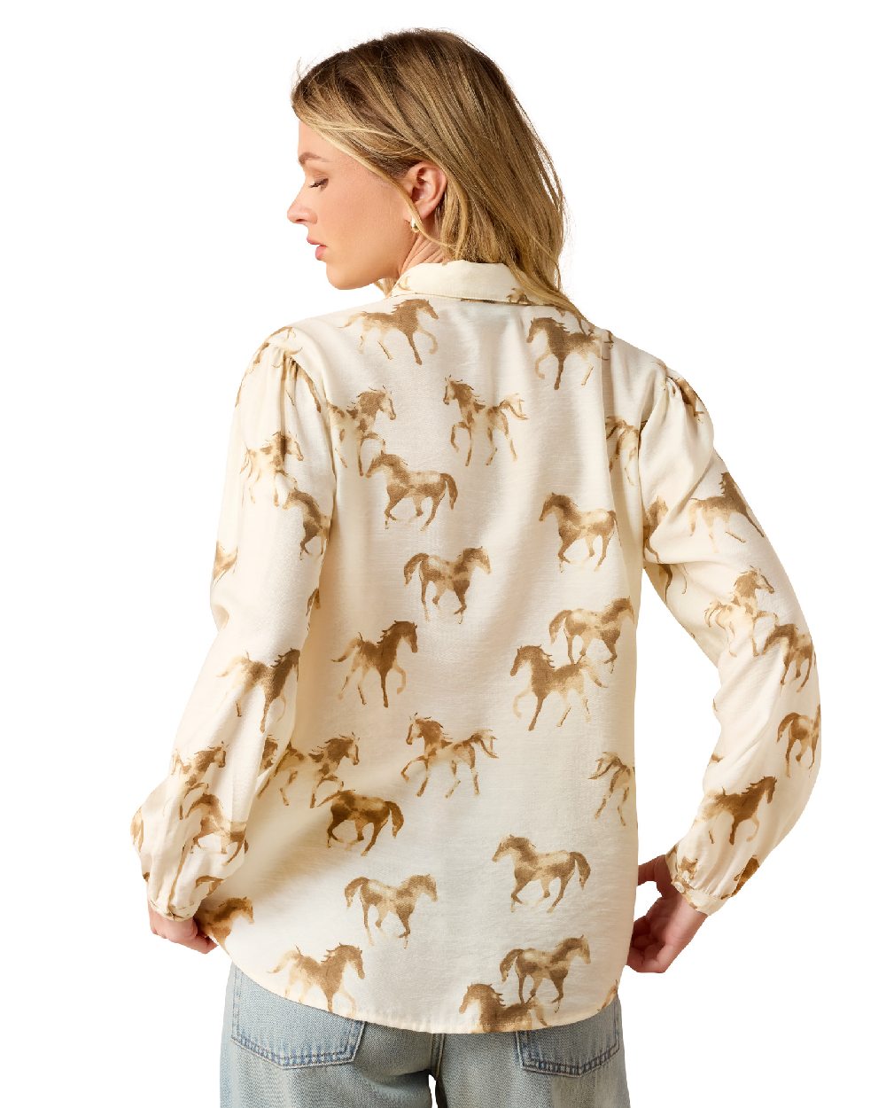 Running-Horse-Print coloured Ariat Womens Hannington Blouse on white background 