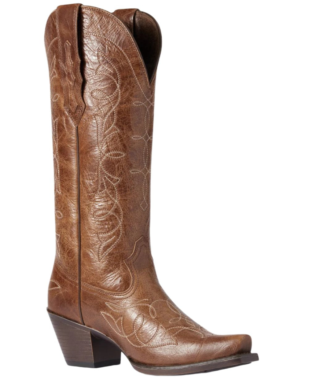 Dark Tan Coloured Ariat Womens Heritage D Toe StretchFit Western Boot on white background 