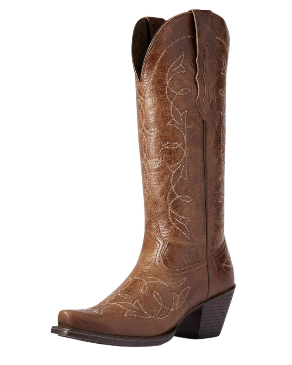 Dark Tan Coloured Ariat Womens Heritage D Toe StretchFit Western Boot on white background 