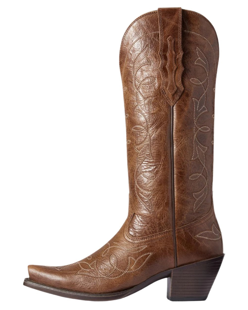 Dark Tan Coloured Ariat Womens Heritage D Toe StretchFit Western Boot on white background 