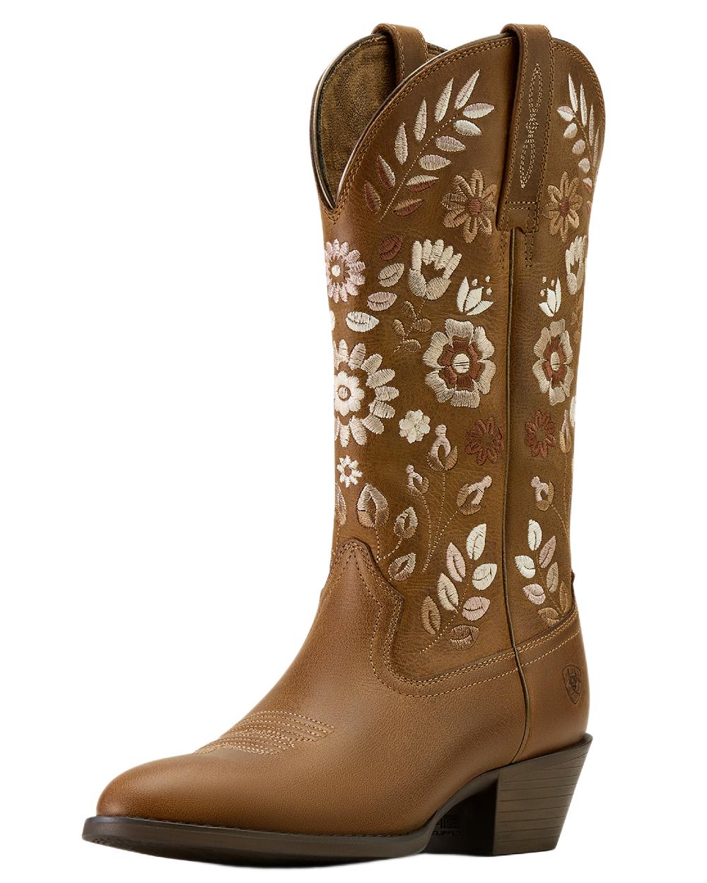 Toasty Tan coloured Ariat Womens Heritage Meadow R Toe Western Boots on white background 