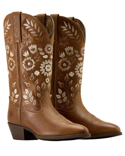 Toasty Tan coloured Ariat Womens Heritage Meadow R Toe Western Boots on white background 