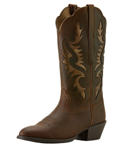 Sassy Brown coloured Ariat Womens Heritage R Toe Retro Western Boots on white background 