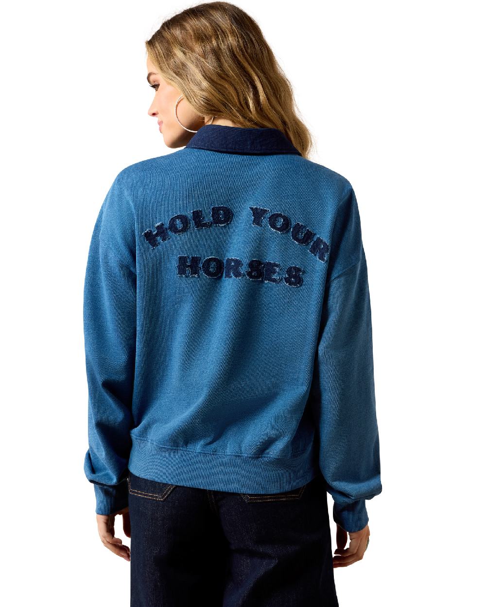 Indigo coloured Ariat Womens Hold Your Horses Sweatshirt on white background 