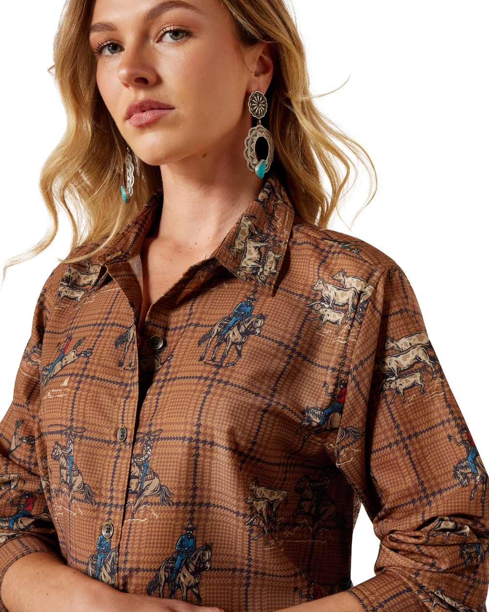 Glan Plaid Rodeo coloured Ariat Womens Homestyle Shirt on white background 